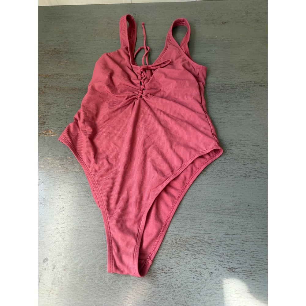 Xhilaration Mauve Pink Ribbed Lace Up Front One Piece Swimsuit Medium